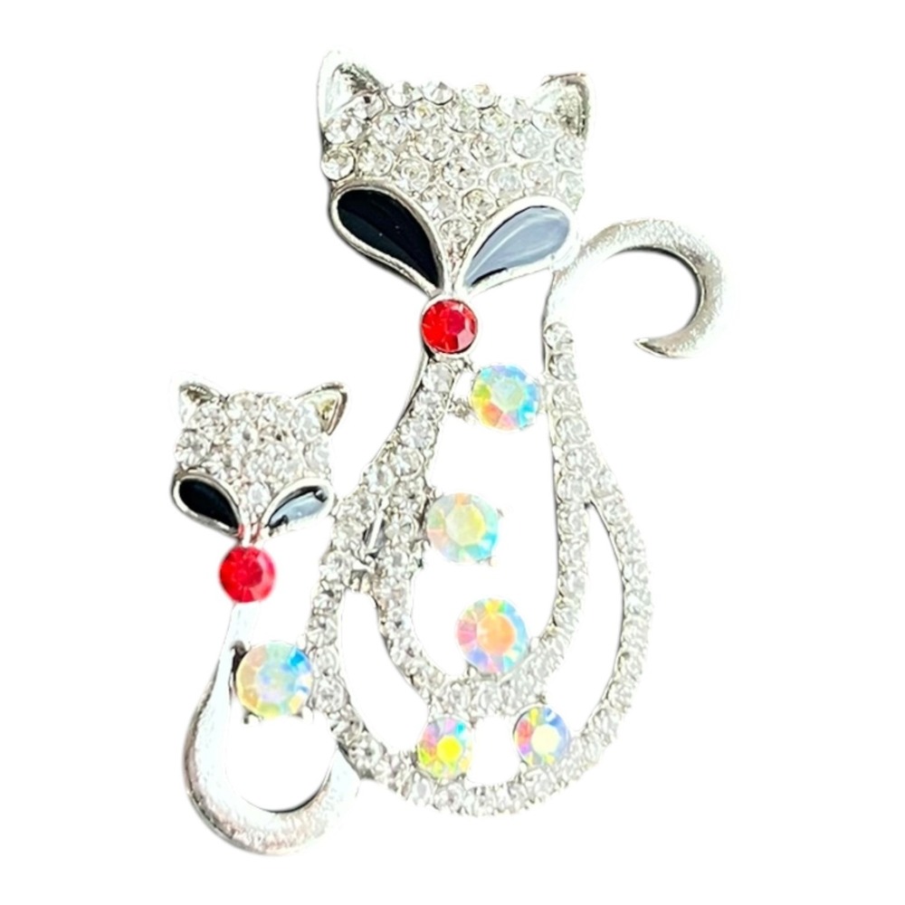 Cat Brooch Pin Women's Silver Tone 1.75" Rhinestone Animal Kitty Jewelry